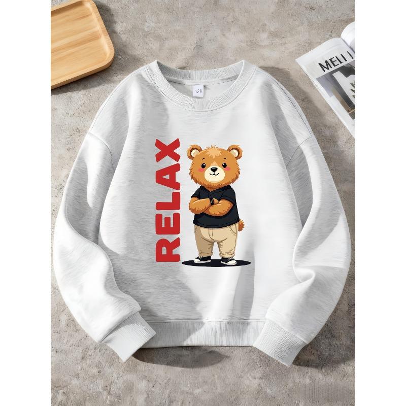 Kids Unisex Crewneck Sweatshirt, Red Vertical RELAX Cool Cartoon Bear Print Long Sleeve Pullover, Soft Sweatshirt for Boys Girls Over 4 Years Old