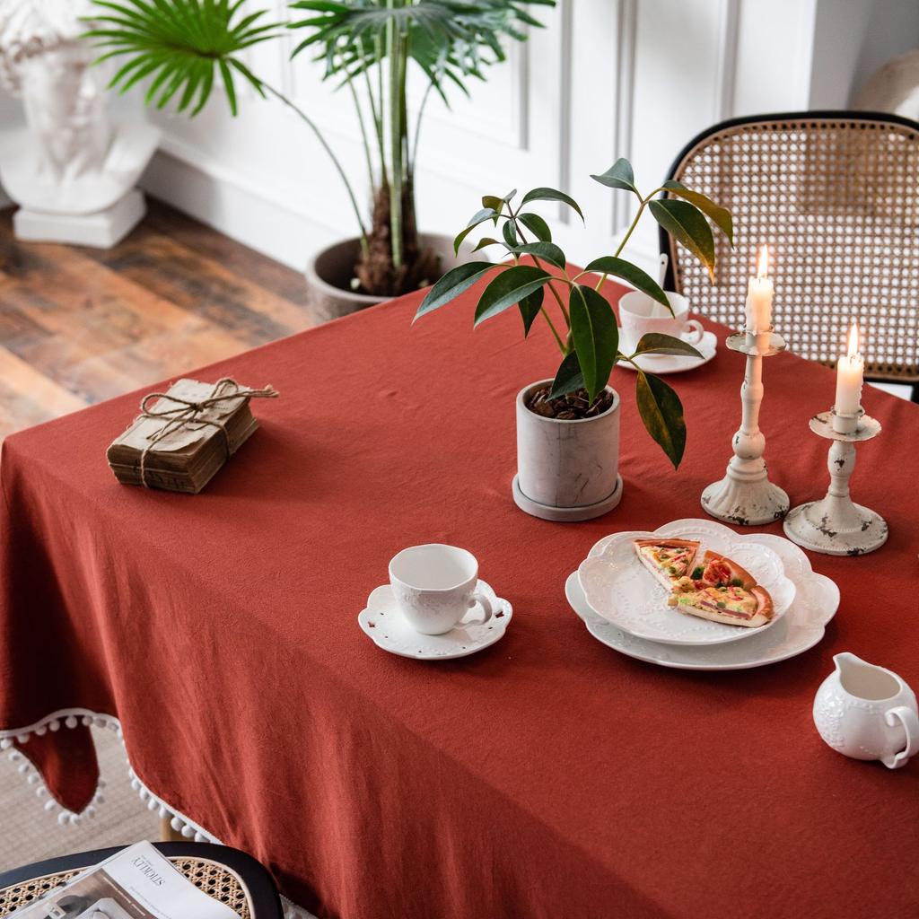 Decorative Tablecloth, Solid Color Tablecloth, Tablecloth with Pompom Tassels, Long Tablecloth for Kitchen Restaurant, Party, Festival - 1 Piece