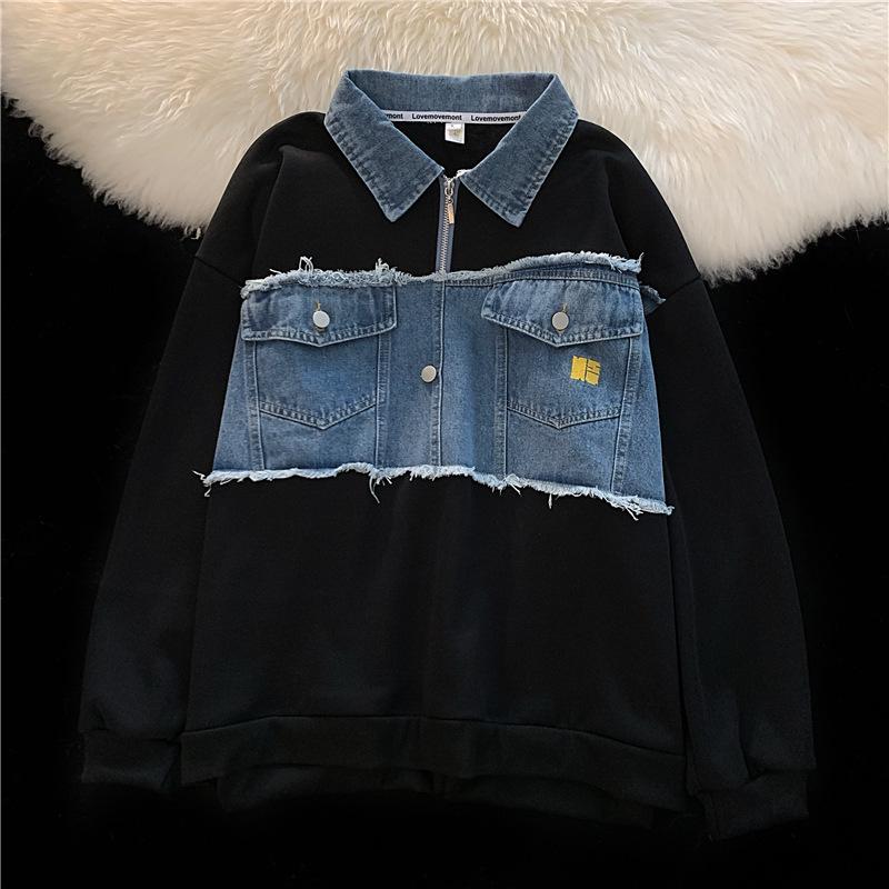 

Корейская джинсовая толстовка свободного кроя с воротником-поло для женщин - весна/осень, уличный стиль. M чёрный