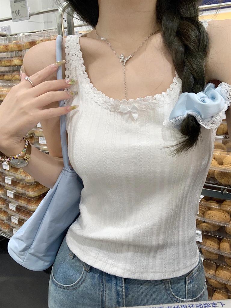 2026 Spring Korean Style Women's Lace Bow Spaghetti Strap Tank Top - Age-Reducing and Stylish