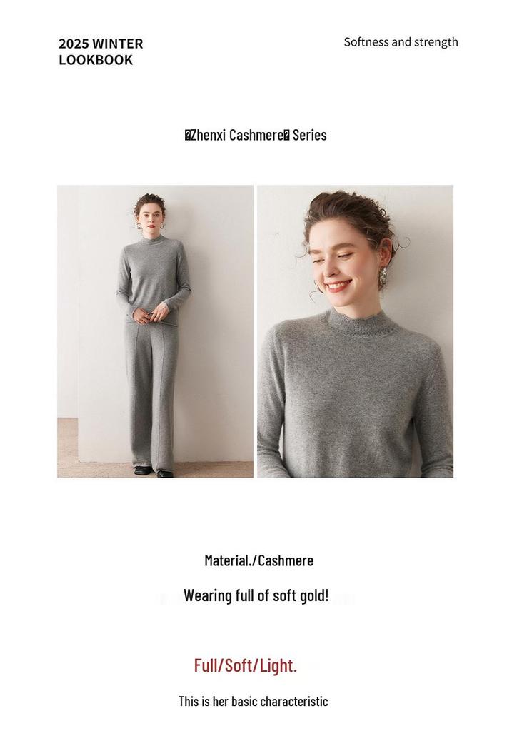 2025 Fall/Winter Women's Versatile Solid Color Cashmere Knit Sweater - Long Sleeve Base Layer