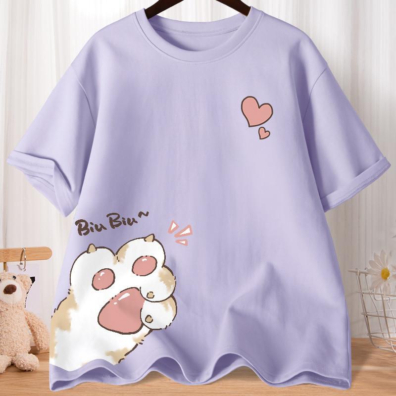 Summer Cartoon Cute Sweet Cat Claw Love Printed Short Sleeve Tshirt Womens Loose Youth Student Half Sleeve Oversized Shirt Top