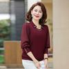 Elegant Wine Red Plus Size T-Shirt with Lapel Design for Middle-aged and Elderly Women