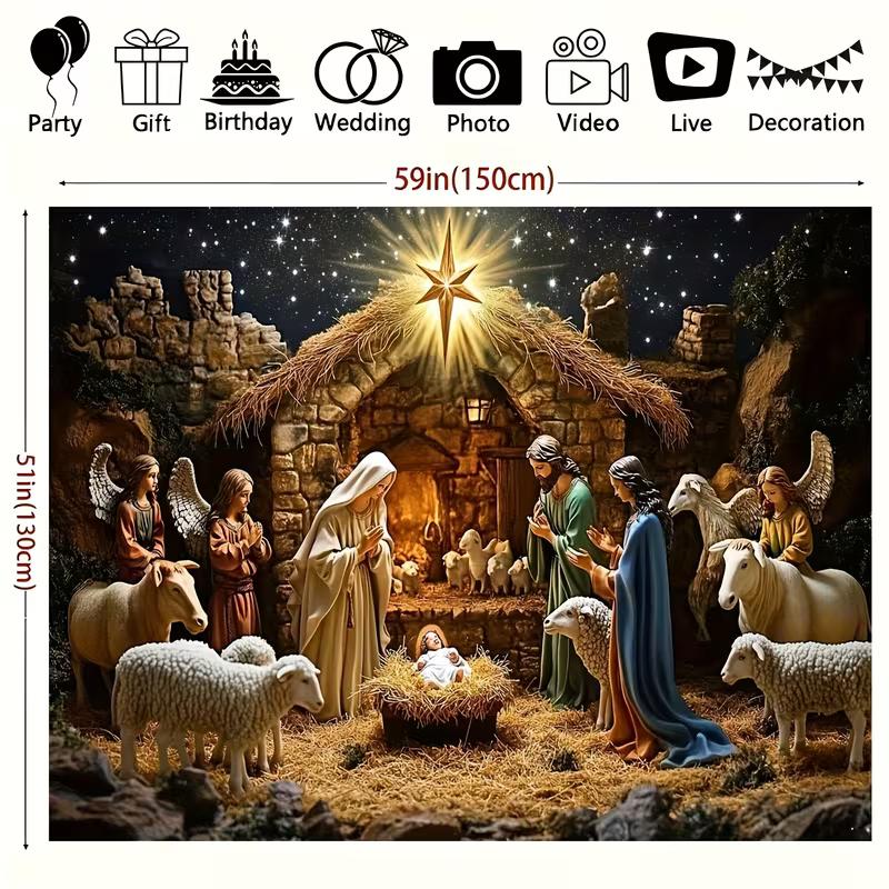 2D Nativity Scene Photography Backdrop Holy Family with Angels and Animals