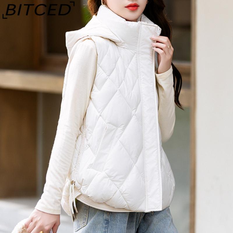 BITCED Women's Autumn/Winter Quilted Down Vest - Elegant Hooded Cotton Jacket, Short-Sleeved Waistcoat, Diamond-Quilted Vest
