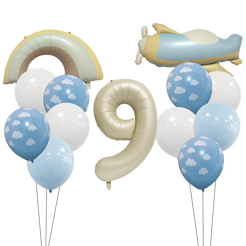 

32 Inch Caramel Milk White Digital Retro Matte Small Plane Rainbow Aluminum Film Balloon Set Birthday Atmosphere Arrangement Retro Small Plane Package 9