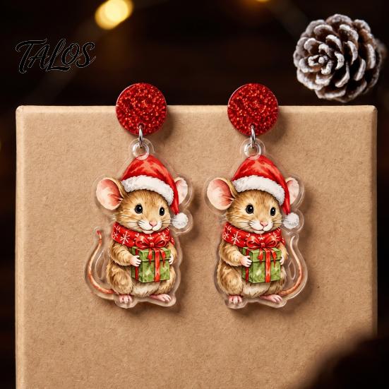 Holiday Party Accessories 1 Pair Cute Christmas Mouse Acrylic Earrings, 2D Flat Cartoon Animal Dangle Earrings Drop for Women, Glitter Star