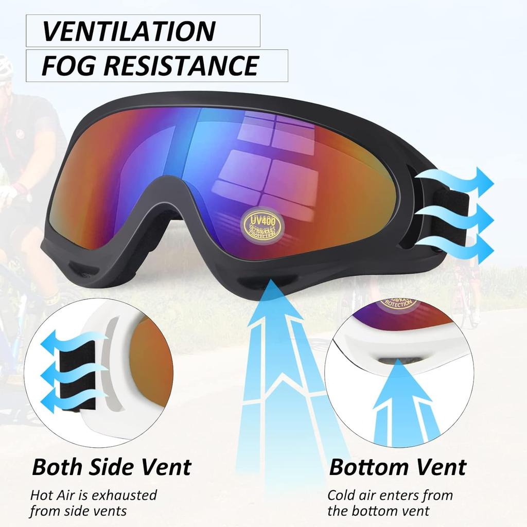 Motorcycle Goggles Kids, 2 Pack Dirt Bike ATV Motocross & Ski Goggles, Off Road Riding Glasses For Child, Anti-UV Dust Airsoft Glasses For Men Women