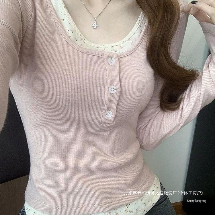 Damen Rosa Geblümtes Falsches Zweiteiliges Slim-Fit T-Shirt, Herbstkollektion 2025, Petite Geradeschulter Taillenbetonendes Basic-Shirt.