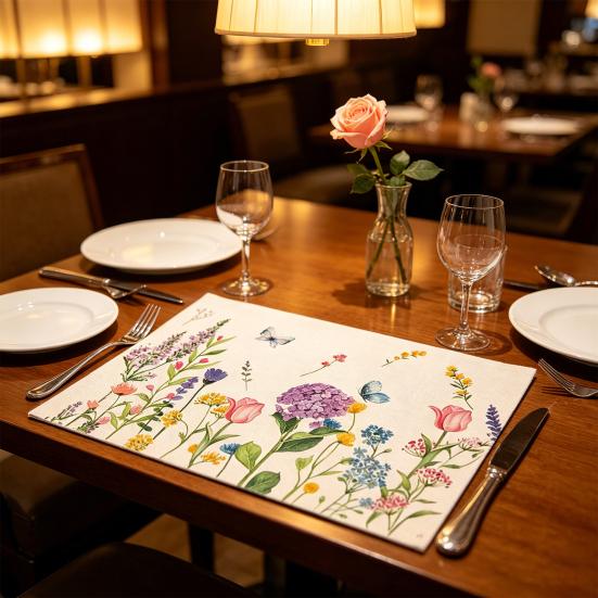 5Pcs Floral Linen Placemats Cute Bunny Hummingbird Farmhouse Placemats Machine Washable Table Protection Mats for Home Dining Wedding Party