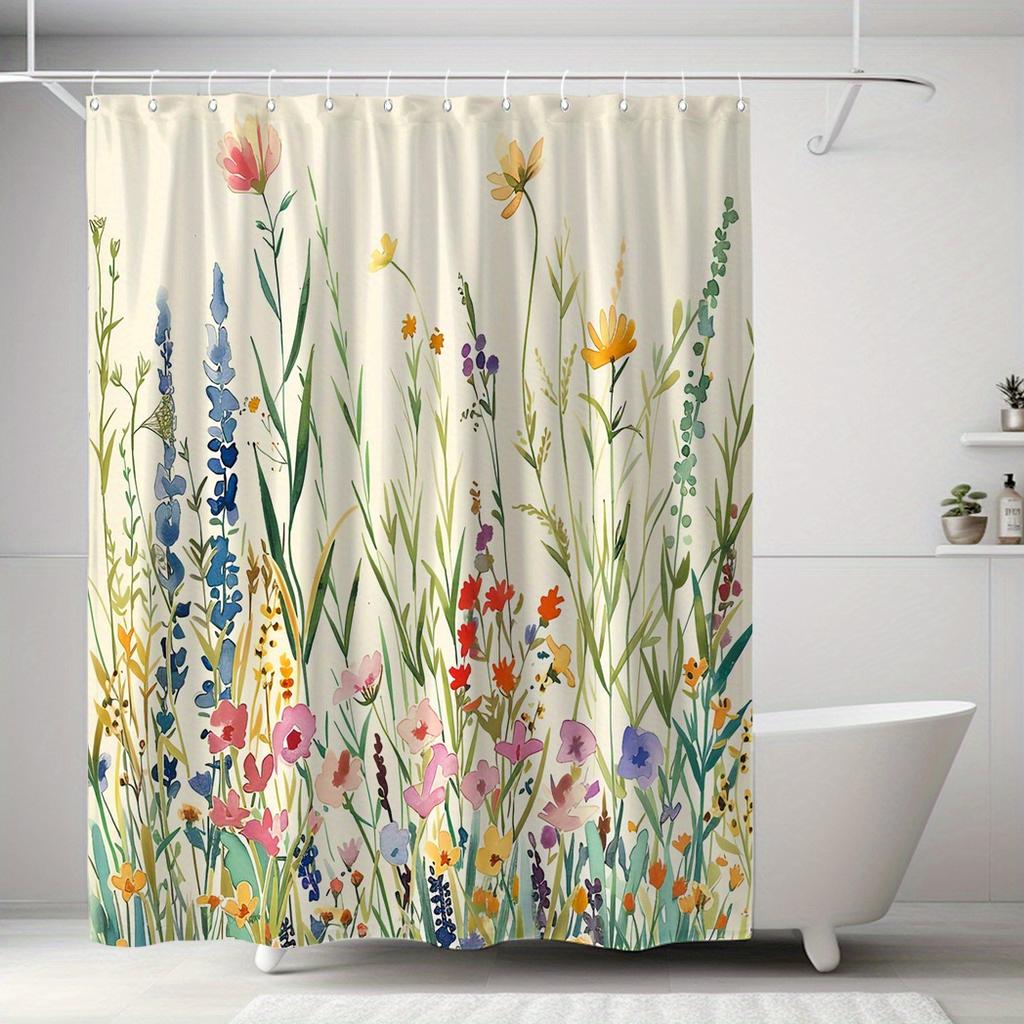 1Pc Herbs & Flowers Shower Curtain - Polyester, 71X71", 12 Hooks, Vibrant Botanical Design, Modern/Rustic Bathrooms