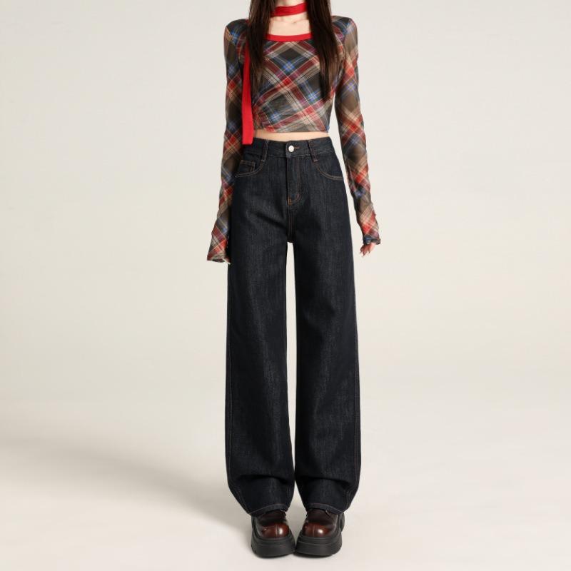 Dark Blue Narrow Velvet Jeans Women's Straight, Autumn and Winter High-waisted Wide-leg Pants