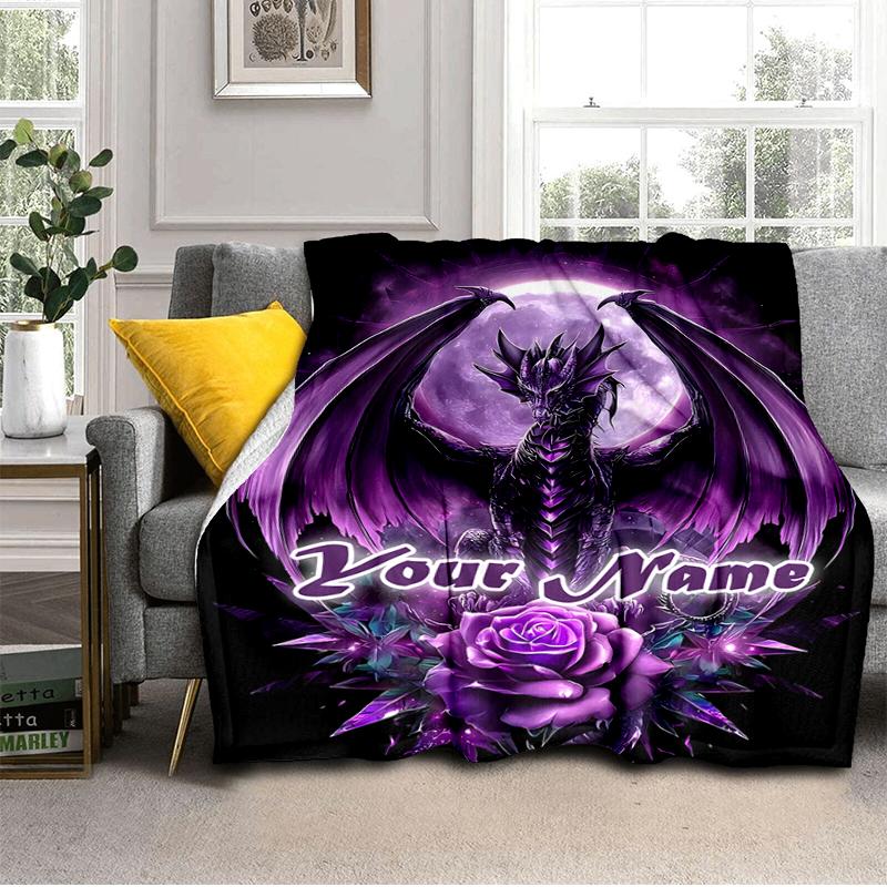 1PC Custom Name Purple Dragon Fantasy Art outdooor Flannel blankets Throw Blanket All-Season Throw Gift Bedspread for Couch, Bed, Camping Holiday Birt
