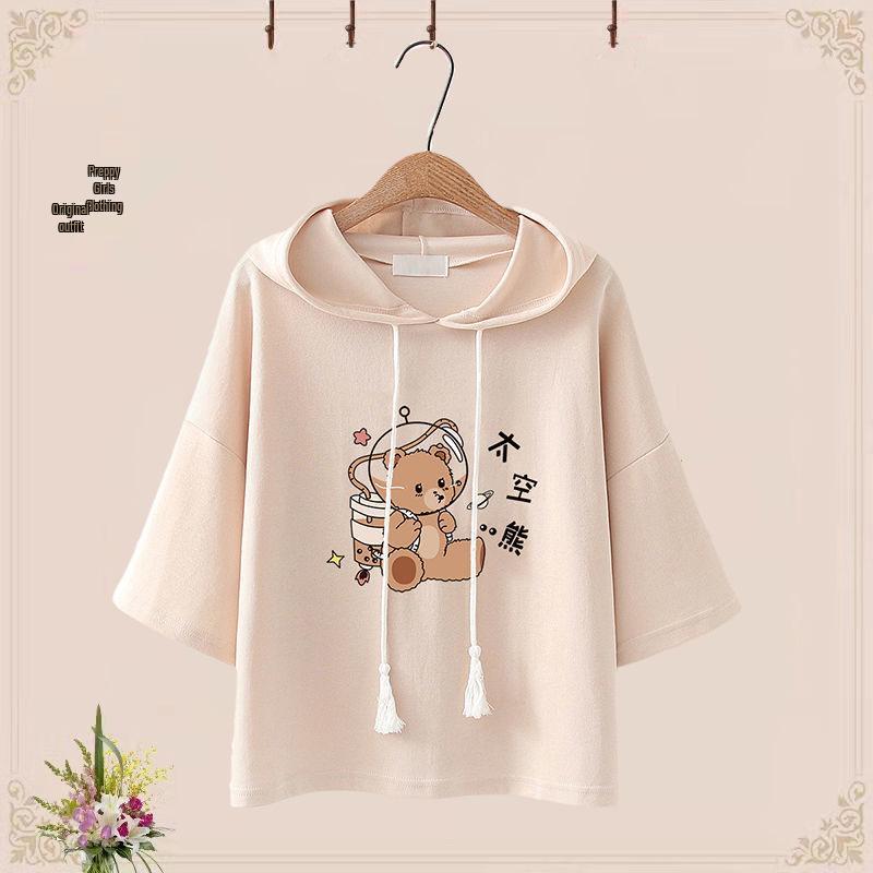 2024 Junior High Girls' Cute Bear T-Shirt & Shorts Set - Japanese Style