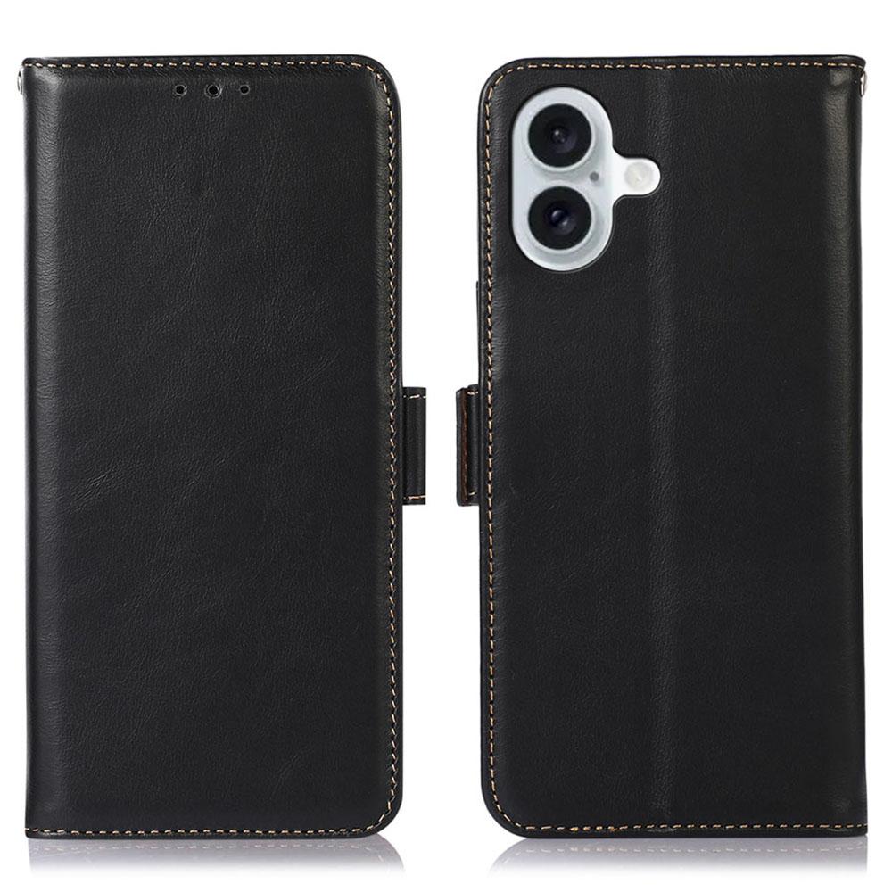 

For iPhone 17 Case RFID Blocking Genuine Cow Leather Wallet Phone Cover Black