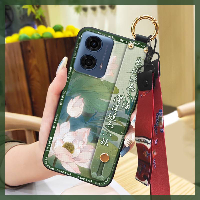 Anti-dust Wrist Strap Phone Case For MOTO G24 Power Lanyard For Mom Durable Wristband Fashion Kickstand Silicone Ring