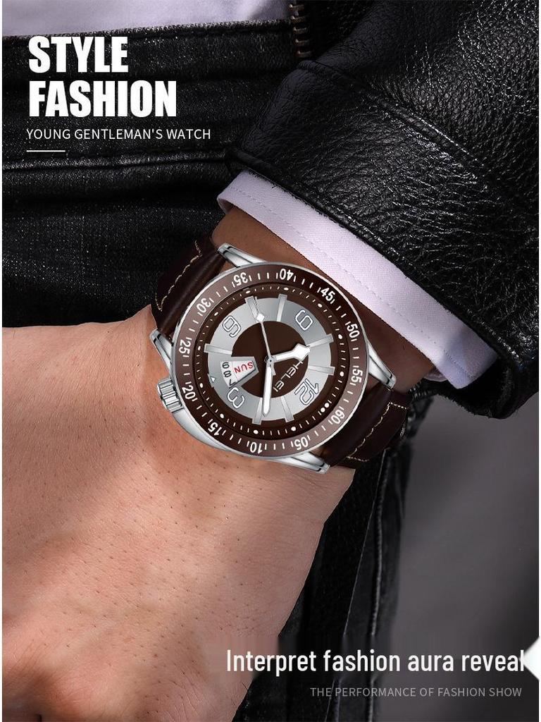 HELEI Men's Luminous Quartz Watch: Waterproof with Genuine Leather Band.