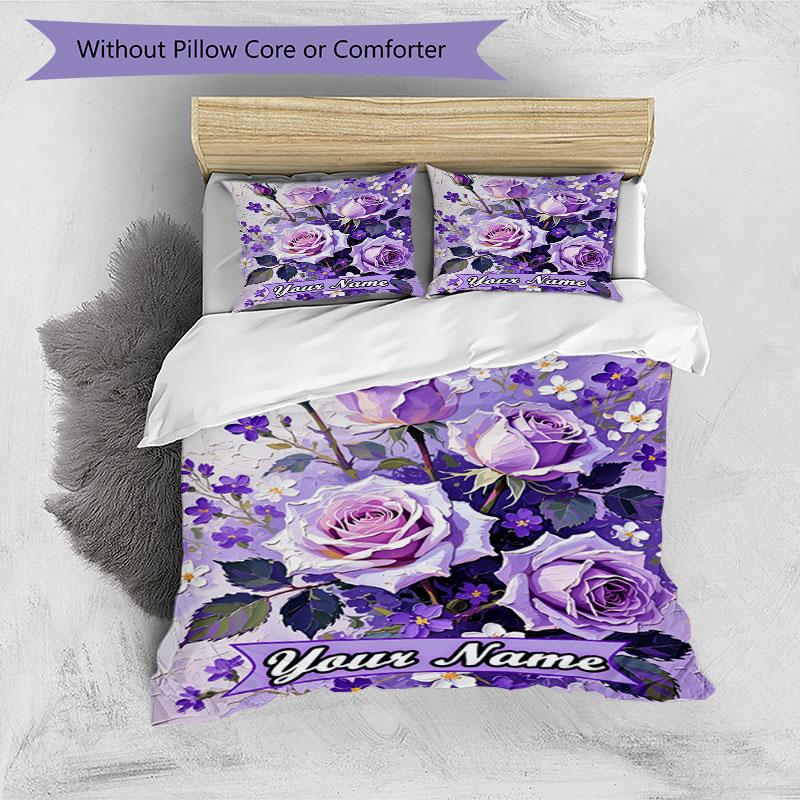 3PC Custom Name Purple Roses Garden Bedding Set Duvet Cover Closure Includes 1 Duvet Cover & 2 Pillowcases for Bedroom