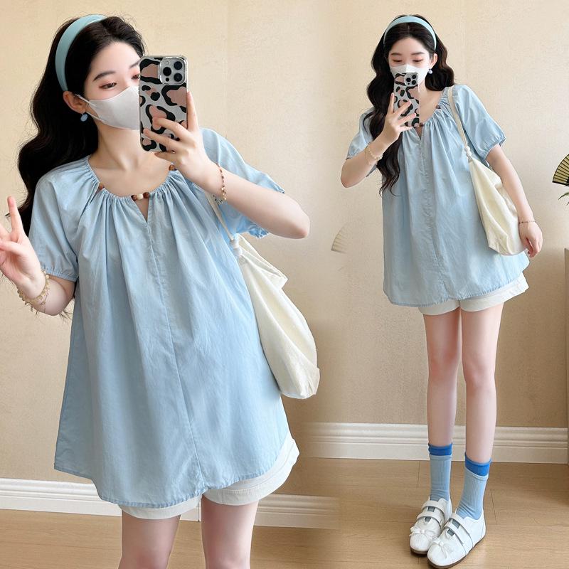 2026 Summer Maternity French Doll Shirt Top & Belly Support Shorts Set