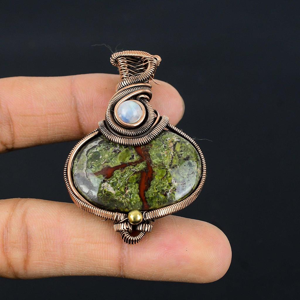 Dragon Blood Jasper & Moonstone 999 Copper Wire Wrapped Pendant, Handmade Gemstone Pendant Jewelry, Gifts For Wife Brand New Pendant