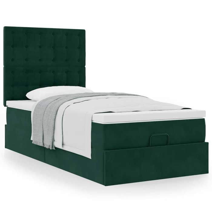Exclusive House - Ottoman Bed Frame with Dark Green Mattress 100x200 Cm Velvet