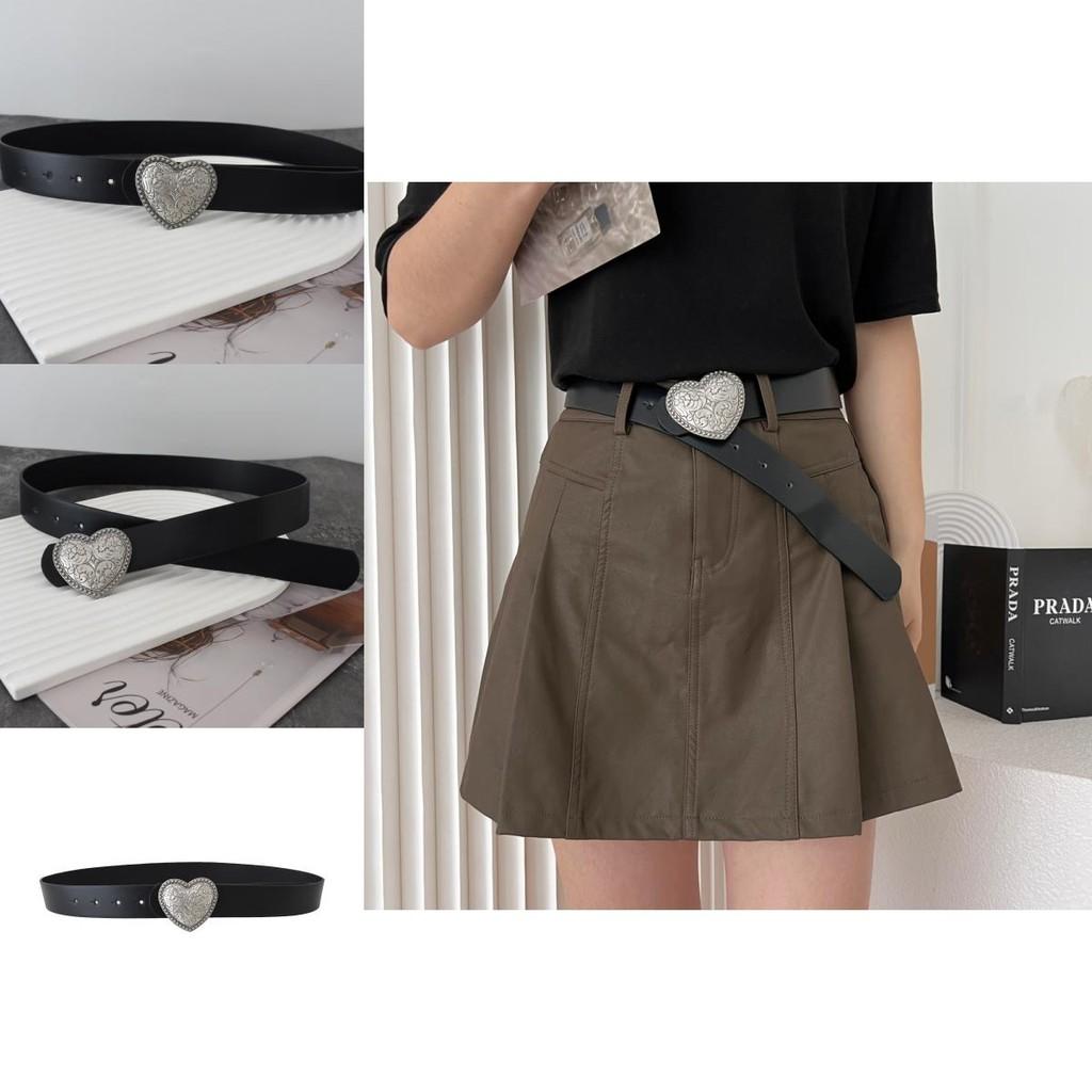 Fashionable Women's Black Pu Leather Belt With Heart Buckle For Everyday Wear