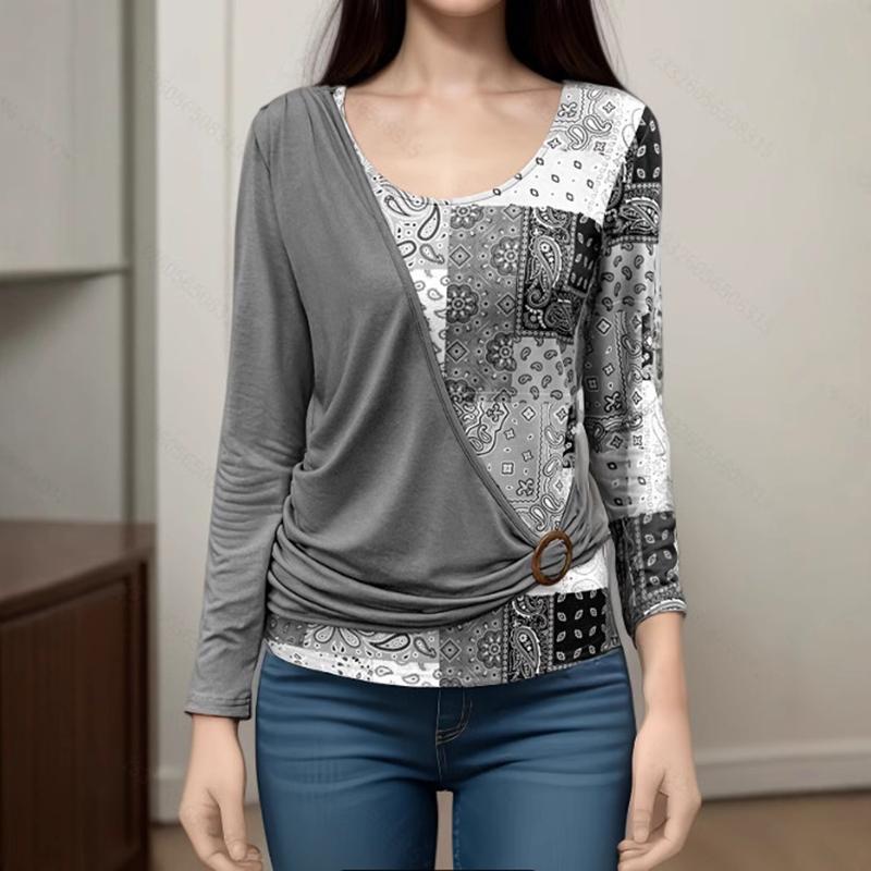 

Autumn Tops Printed Patchwork Long-sleeved T-shirt Casual Street Tee Loose Clothes Female Clothin S