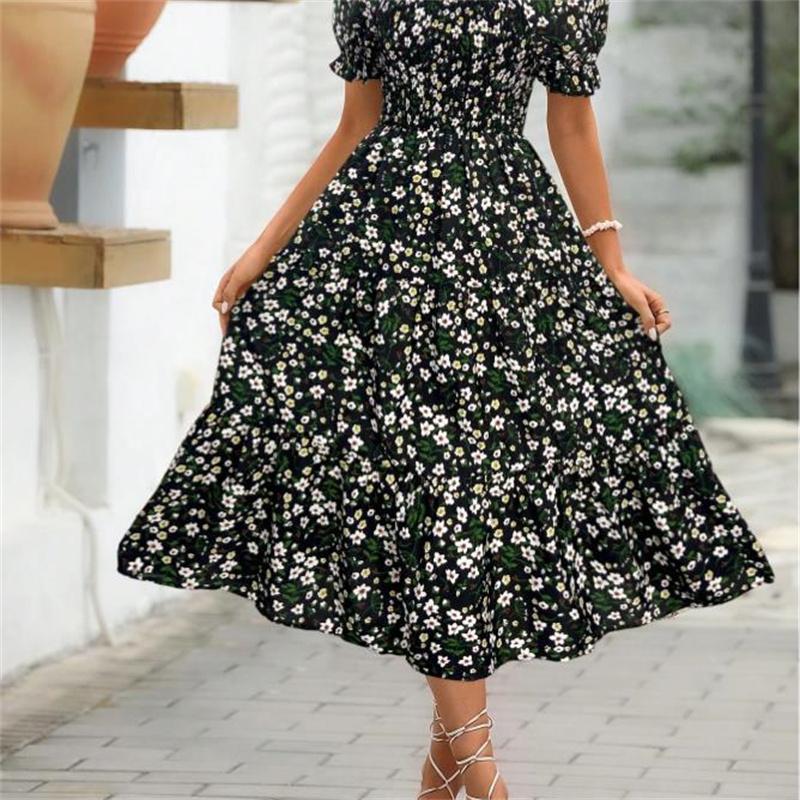 Women's Square Collar Waist Printed Dress S-XXXL