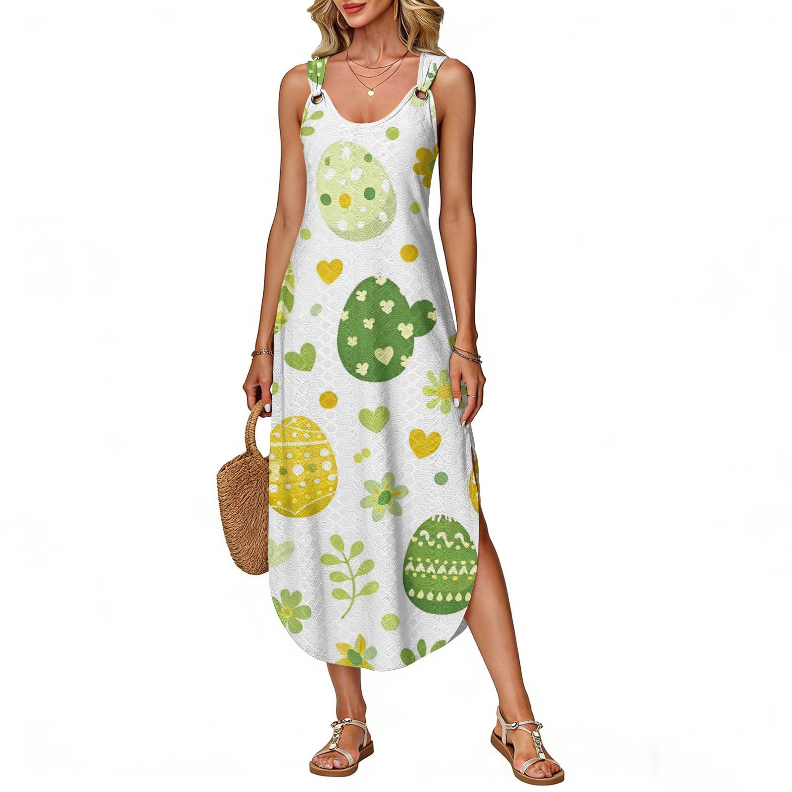 Women s Summer Long Dress, Sleeveless With Side Slit, Long Easter Printed Vest Dress XXL