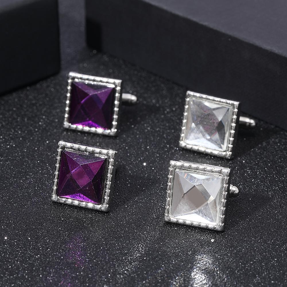 Classic Purple And White Resin Crystal Design Mens Cufflinks Groom Shirt Suit Tuxedo Blouse Square Cuff Button
