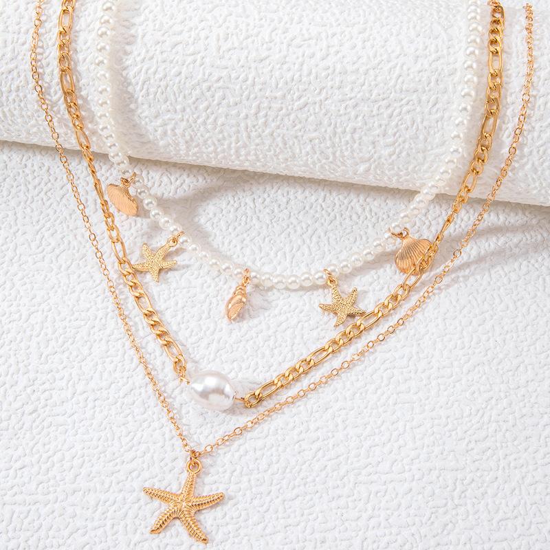 Beaded Necklace Beach Imitation Pearl Necklace Starfish Shell Retro Vacation Niche Multi-layer Necklace Women