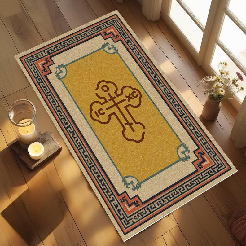 Classical Greek Key Orthodox Cross Rug Christian Prayer Mat for Bedroom Home Decor Area Carpet