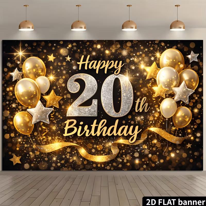 2D 20th Birthday Black Gold Backdrop for Men Women Birthday Party Background