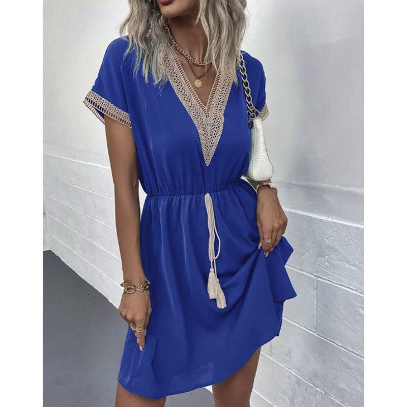 V-neck Short Sleeve Waist Cinching Dressv Collar Short Sleeve Waist-Controlled Dress