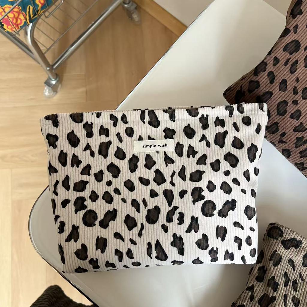 Cord Retro Leopardenmuster Kosmetiktasche Lippenstift Kosmetik-Organizer Reißverschlusstasche Reise Wasch- und Aufbewahrungstasche für Damen
