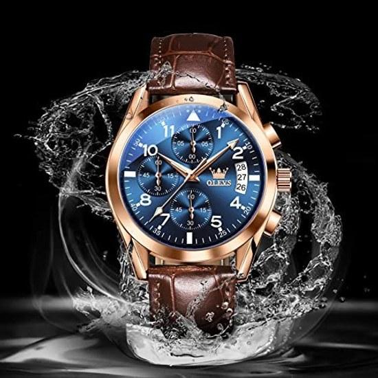 OLEVS Mens Watch Business Leather Quartz Date Luminous Waterproof Men Fashion Analog Wristwatch Stylish Blue Dial Cool Casual Arabic Numbers Easy Read