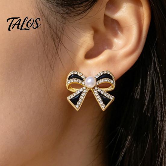 Sophisticated Gift for Her 1 Pair Sparkly Rhinestone Bow Knot Stud Earrings Women, Faux Pearl Chic Office Wear Jewelry Ribbon Earrings, Statement
