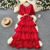 French red polka dot A word pure desire dress women's high waist waist thin cake dress temperament commuter dress