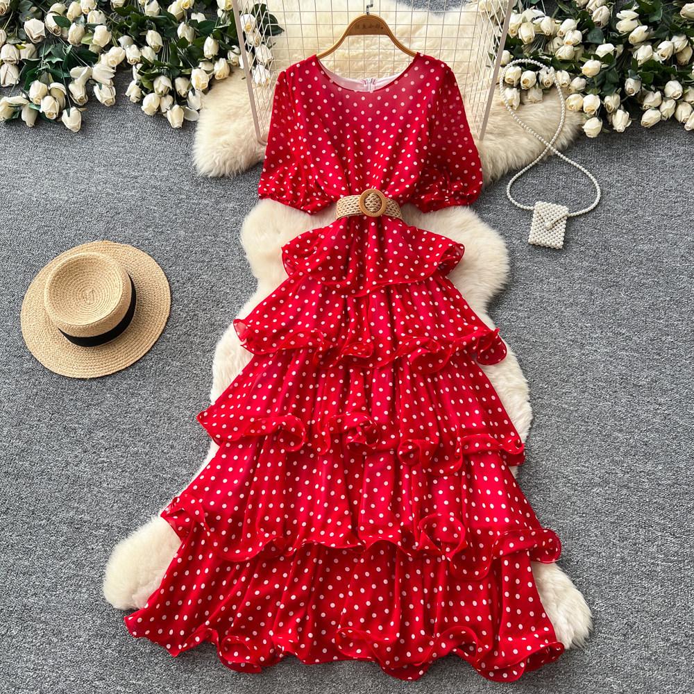 French red polka dot A word pure desire dress women's high waist waist thin cake dress temperament commuter dress