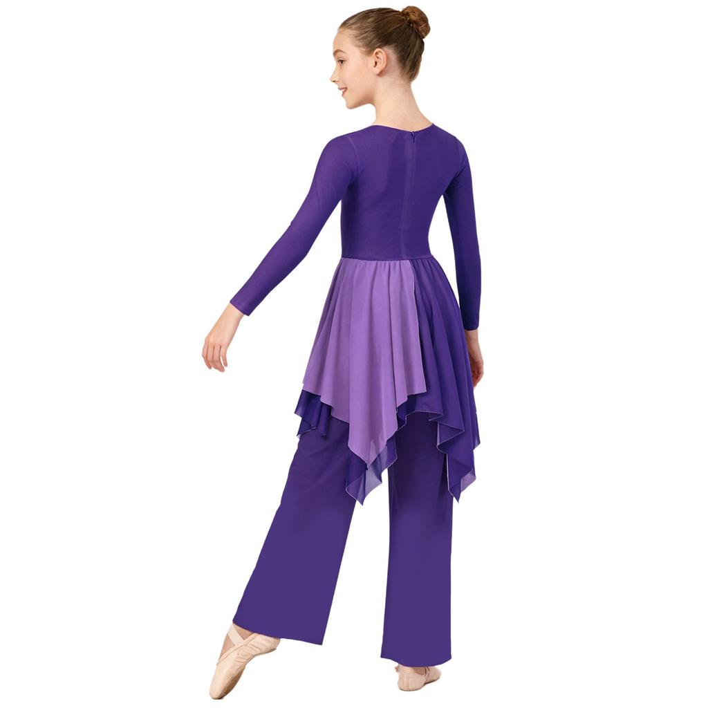 Girls Asymmetrical Hem Worship Dance Dress Elastic Waistband Pants Performance Set