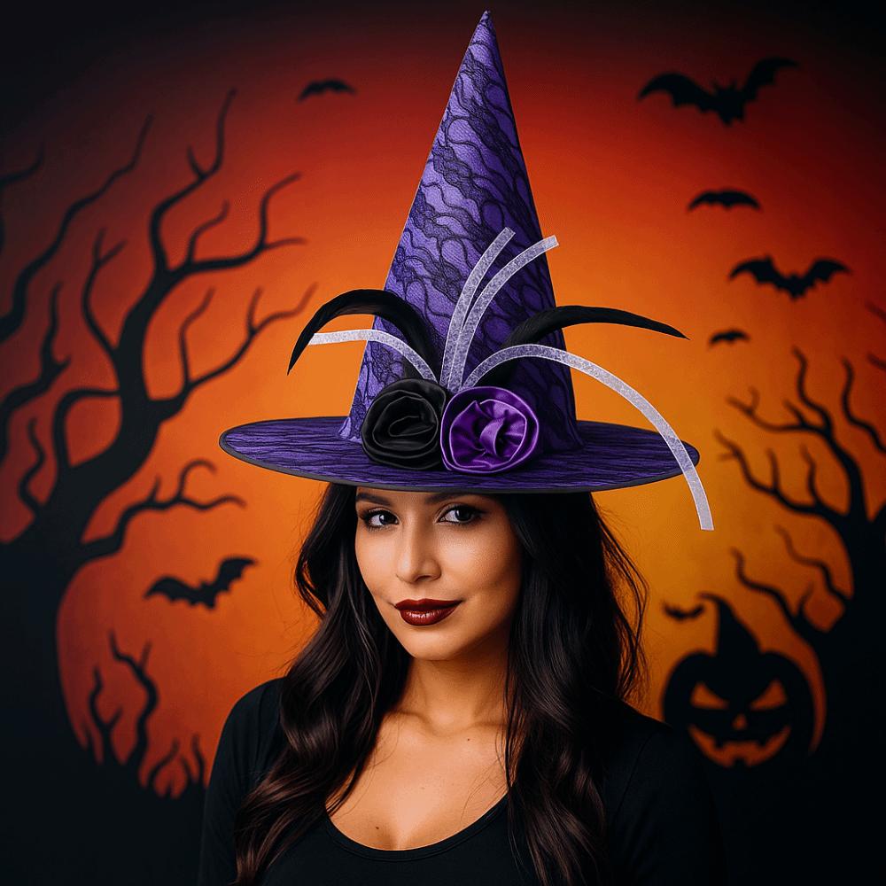 Foldable Flower Wizard Cap Rose Feather Halloween Cap Funny Halloween Witch Hat  Women