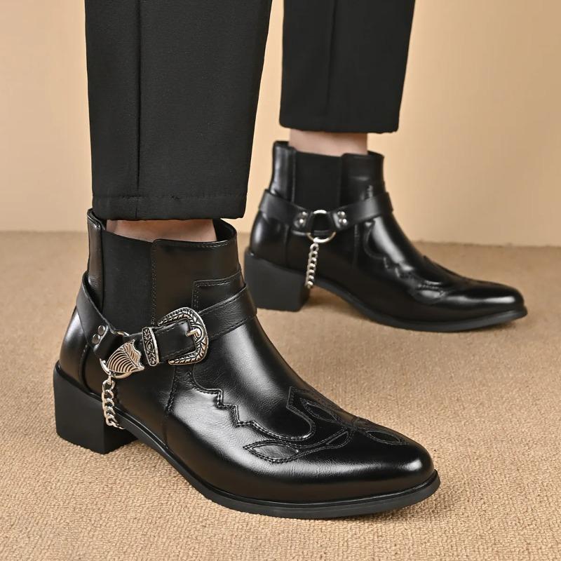 Stivali da Cowboy Vintage alla Moda da Uomo in Pelle con Cinturino Alto a Fibbia a Catena Scarpe a Punta Stivaletti da Motociclista da Uomo