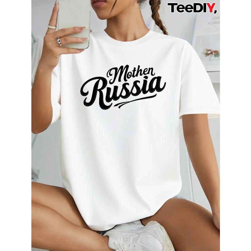 Women s Mother Russia Bold Script Print T-Shirt Black White Lettering Casual Short Sleeve Statement Top S белый