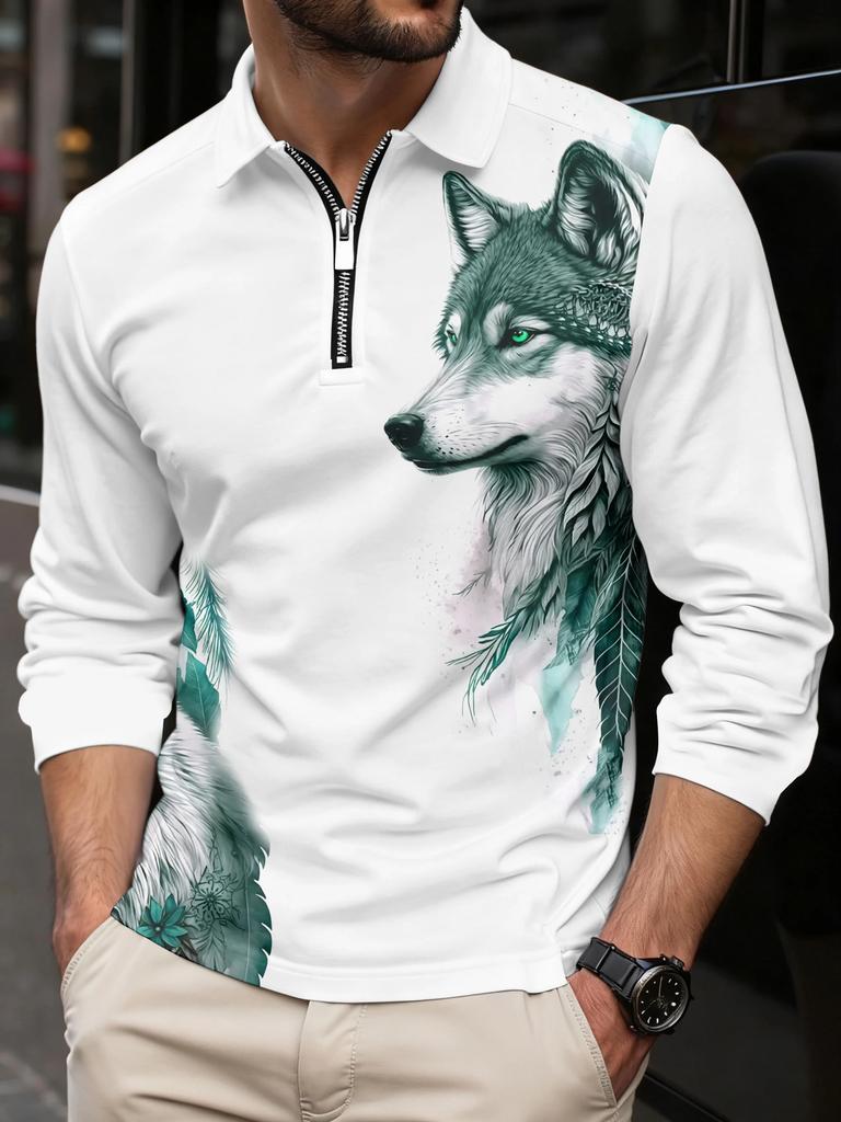 Wolf Moon 3D printed long-sleeved polo shirt Casual T-shirt