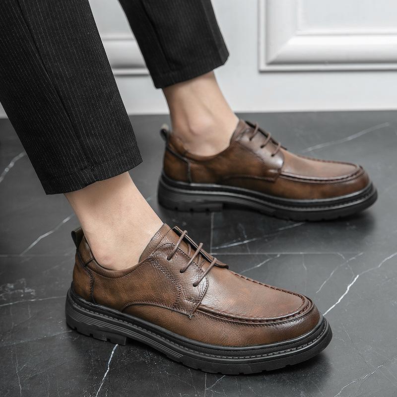 

Leather shoes men s leather business dress spring retro lace-up British style casual wedding leather shoes 44 коричневий