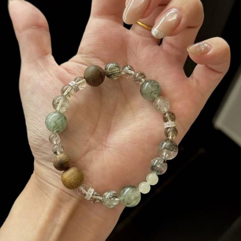 New Chinese Style Green Phantom Quartz Agarwood Beaded Bracelet Women Lucky Wood Feng Shui Element