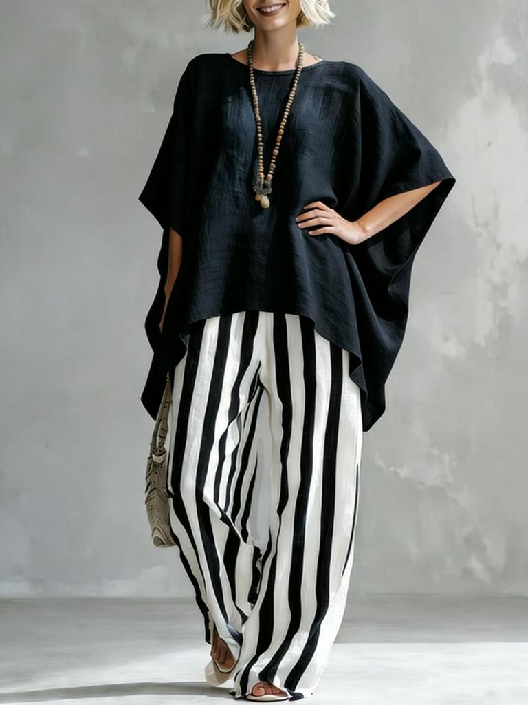 2026 Amazon European and American Cross-border Women's Clothing Spring and Summer Loose Cotton and Linen Bat Sleeve T-shirt Cape Casual Suit