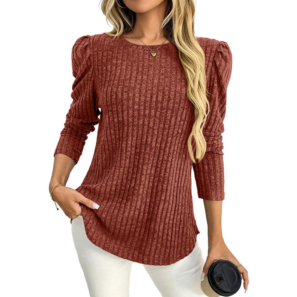 Women's Fashionable Solid Color Long Sleeved Round Neck Loose Casual Pullover T-shirt Top