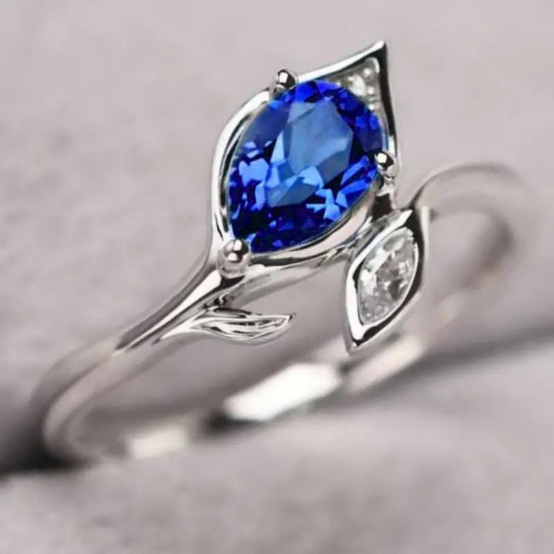 Huitan Charming Waterdrop Blue Cubic Zirconia Rings for Women Novel Design Luxury Elegant Lady Wedding Party Accessories Jewelry