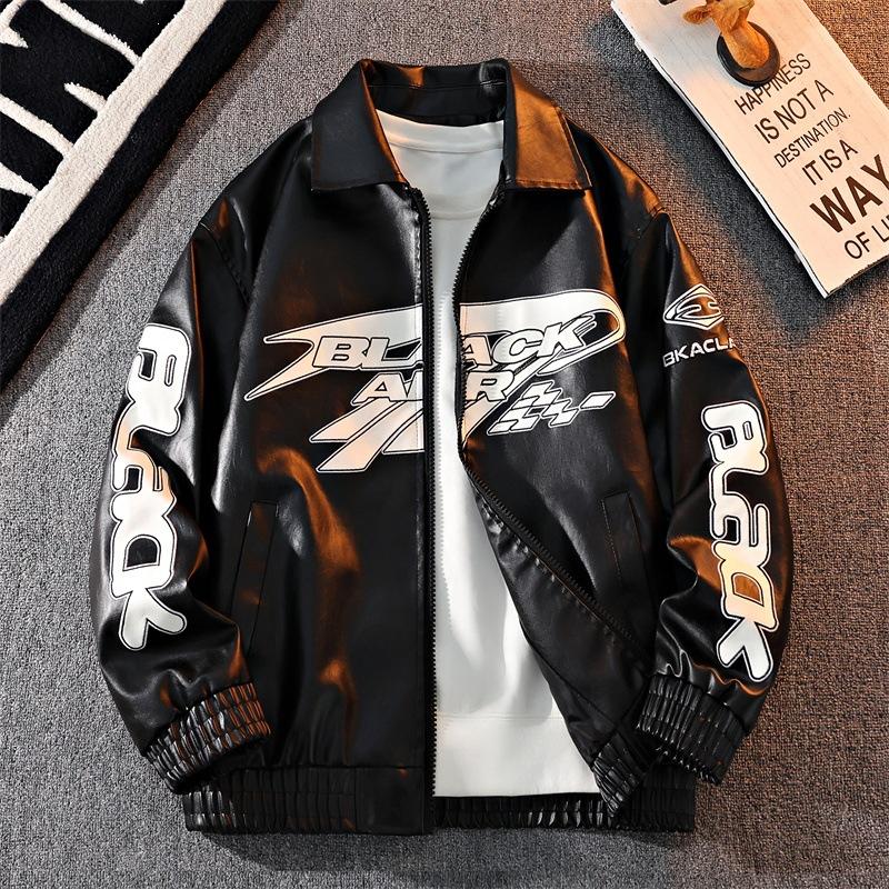 Source men's leather jacket American embroidered stand-up collar jacket men's and women's trendy brand locomotive leather jacket